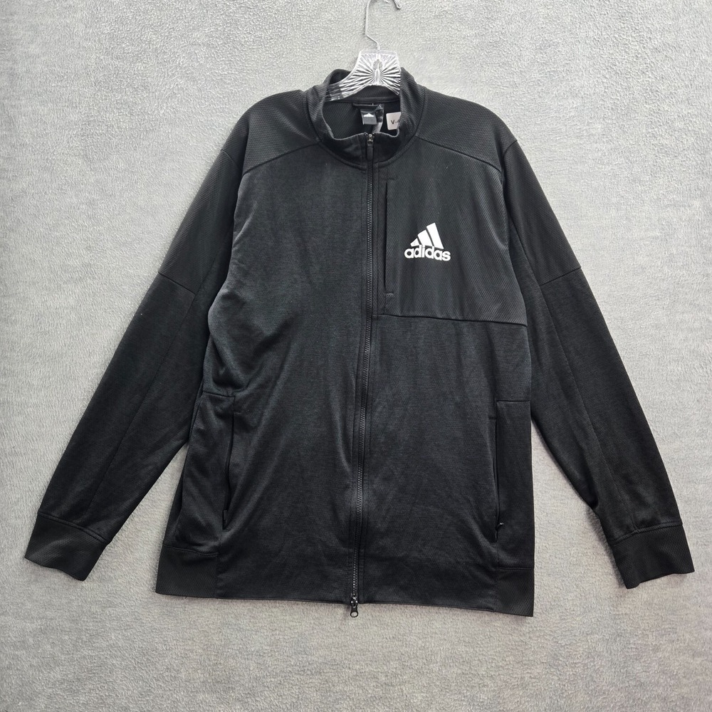 Adidas Men Track Jacket Large Black Full Zip Pocket Logo Mock Neck Long Sleeve